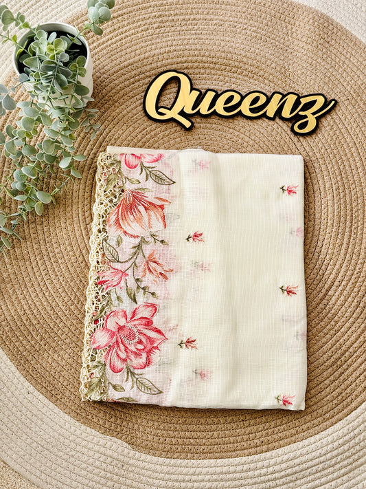 Premium White Kota Cut work Embroidery Saree