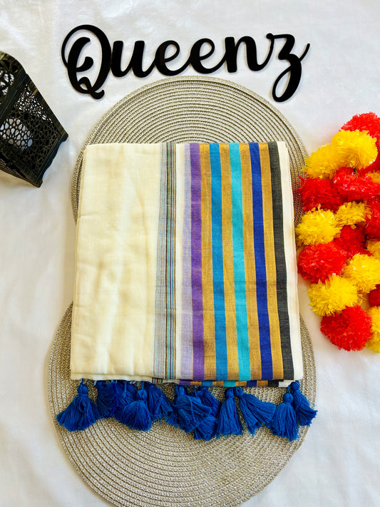 QMC007-  Multicolor Blue Border Mul Cotton Saree