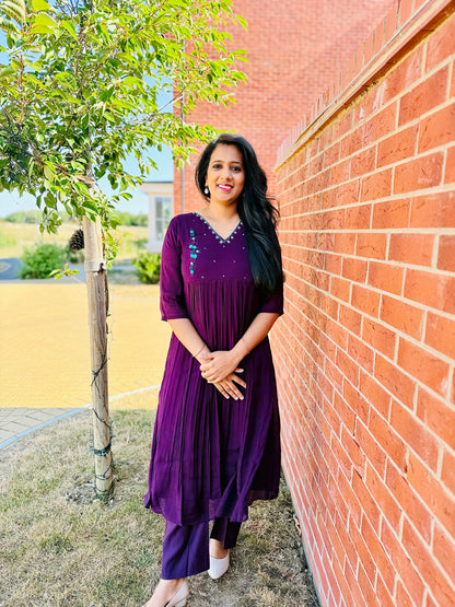 QS840- Dark Purple Mulchanderi Coordset
