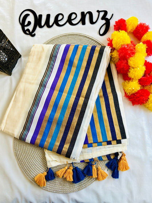 QMC007-  Multicolor Blue Border Mul Cotton Saree
