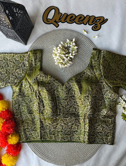 QB141- Green Brocade Blouse Elbow Sleeves