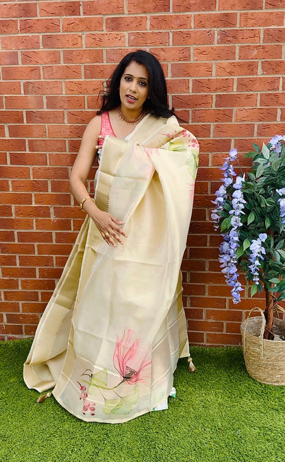 SS388- Premium Tissue Big Floral Printed Saree