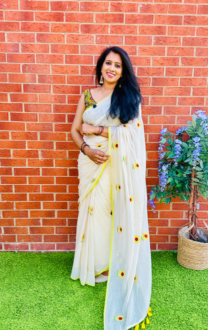 QMC366-Sunflower Embroidery Mul Cotton Saree