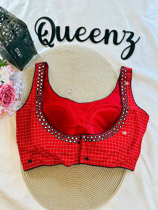 QB097- Mirror Worked Jamdhani Sleeveless Blouse