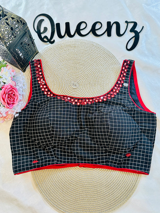 QB098- Mirror Worked Jamdhani Sleeveless Blouse
