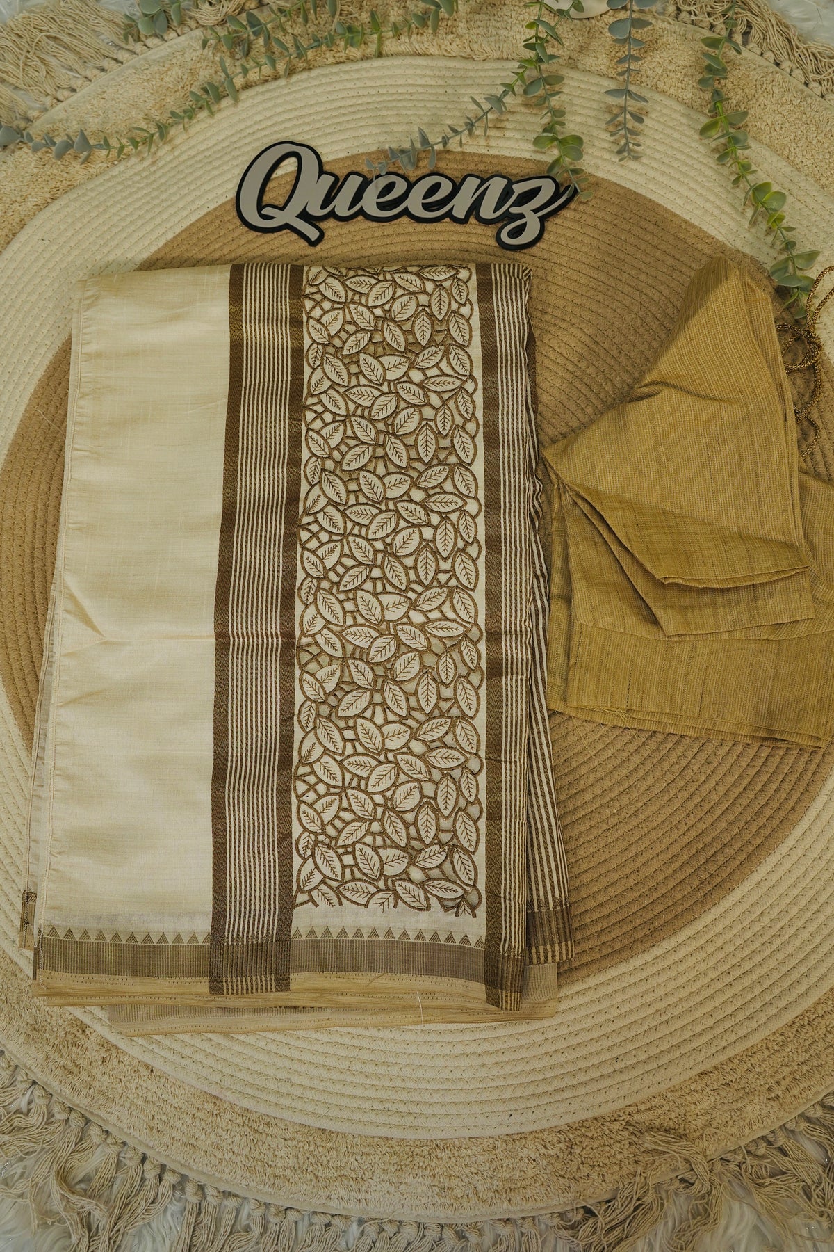 Beige Semi Tussar SareeWith Blouse