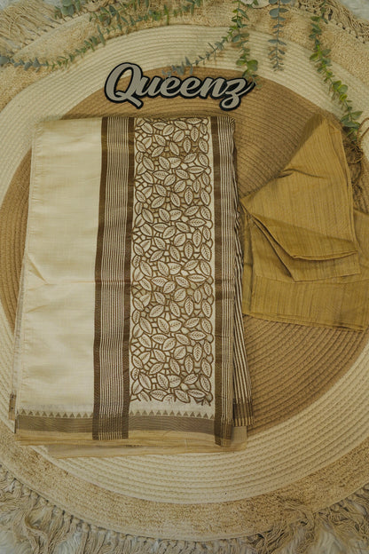 Beige Semi Tussar SareeWith Blouse