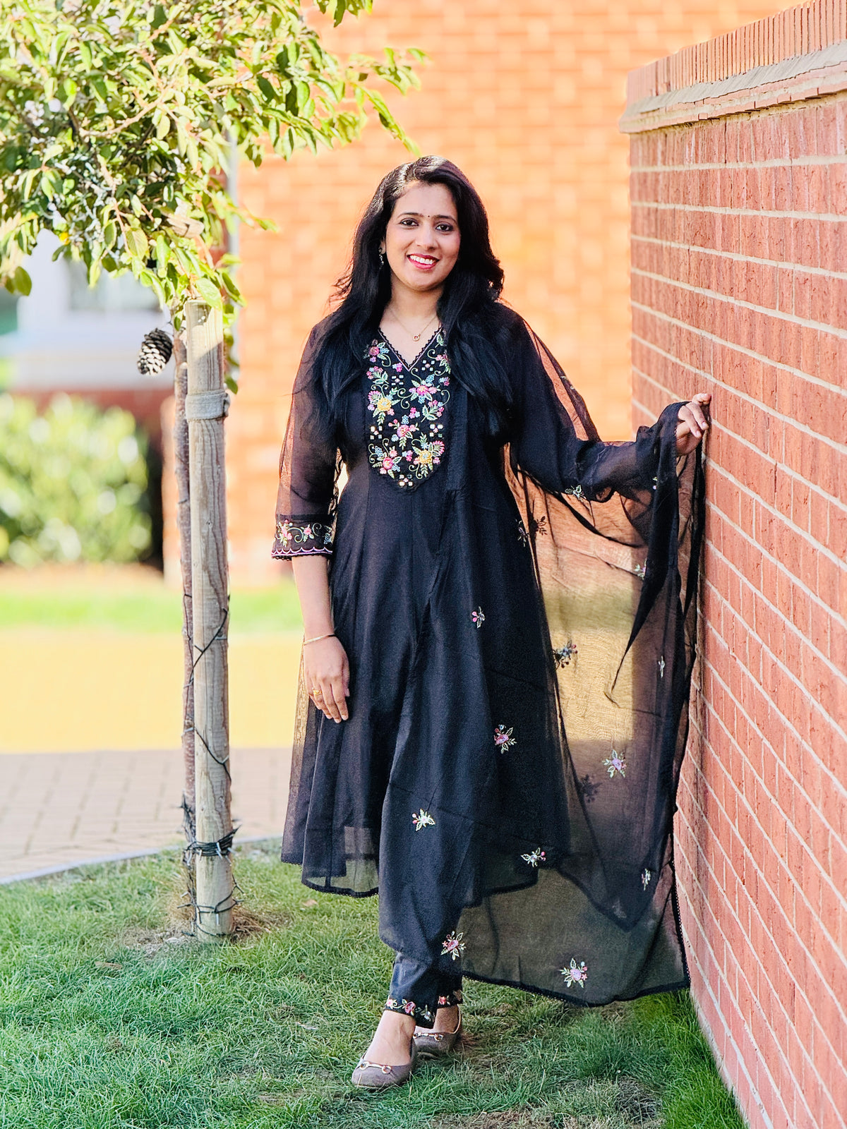 Black Mul Chanderi Panel Cut Anarkali – view 2 of 4