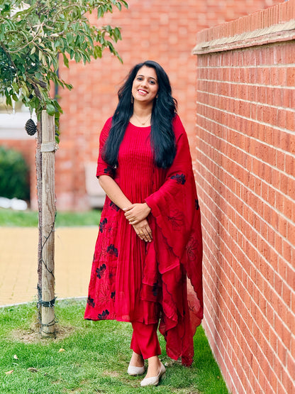 Dark Red Mulchanderi Anarkali