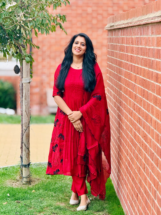Dark Red Mulchanderi Anarkali