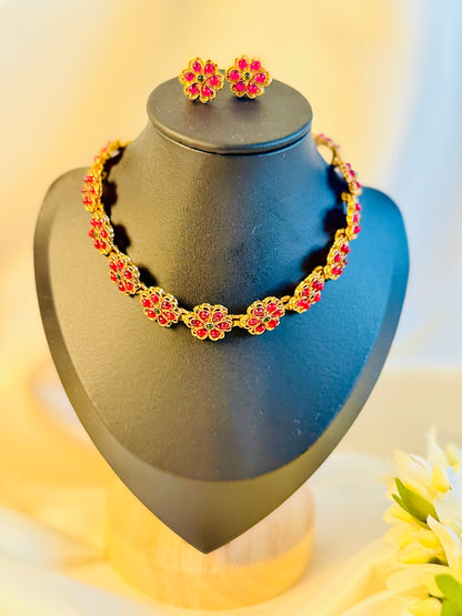 QJ119- Flower Choker Green & Pink Necklace