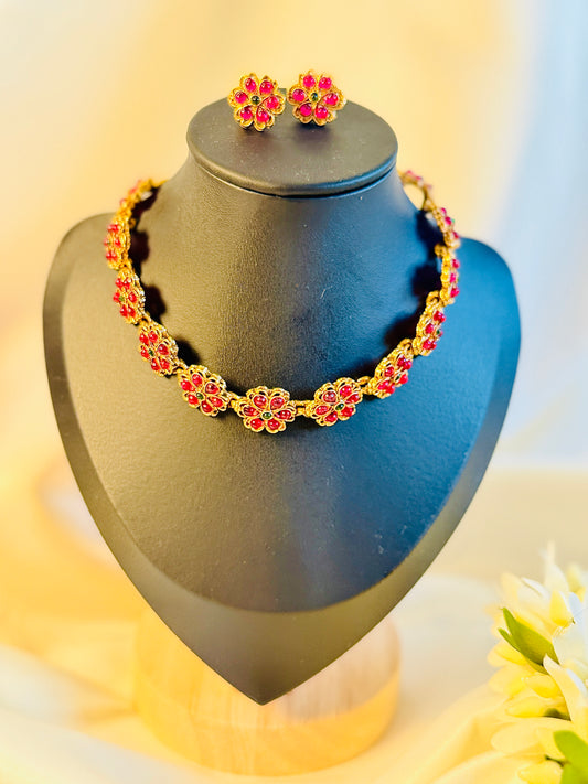 QJ119- Flower Choker Green & Pink Necklace