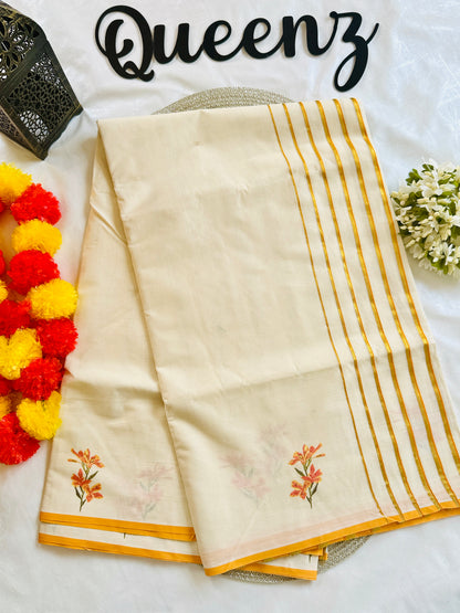 SS335-Line Kasavu With Floral Digital Print