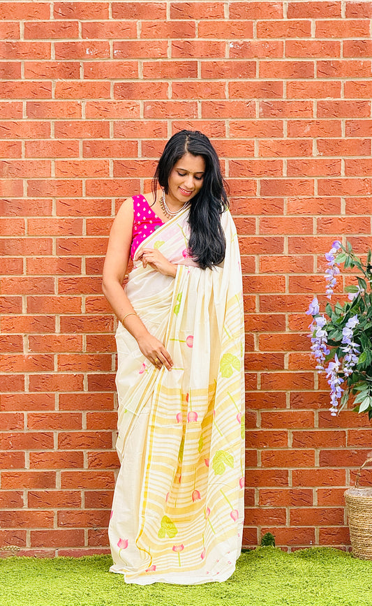 Lotus Printed Thin Kara Saree