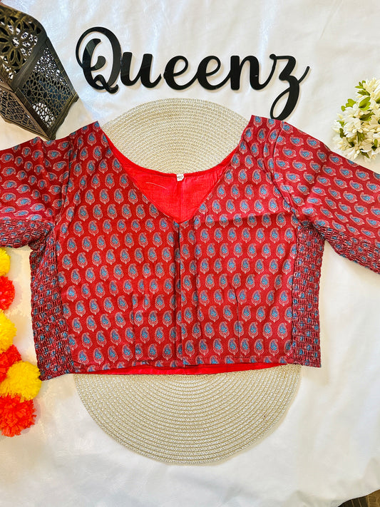 QB130-Cotton Stretchable Ajrak Blouse