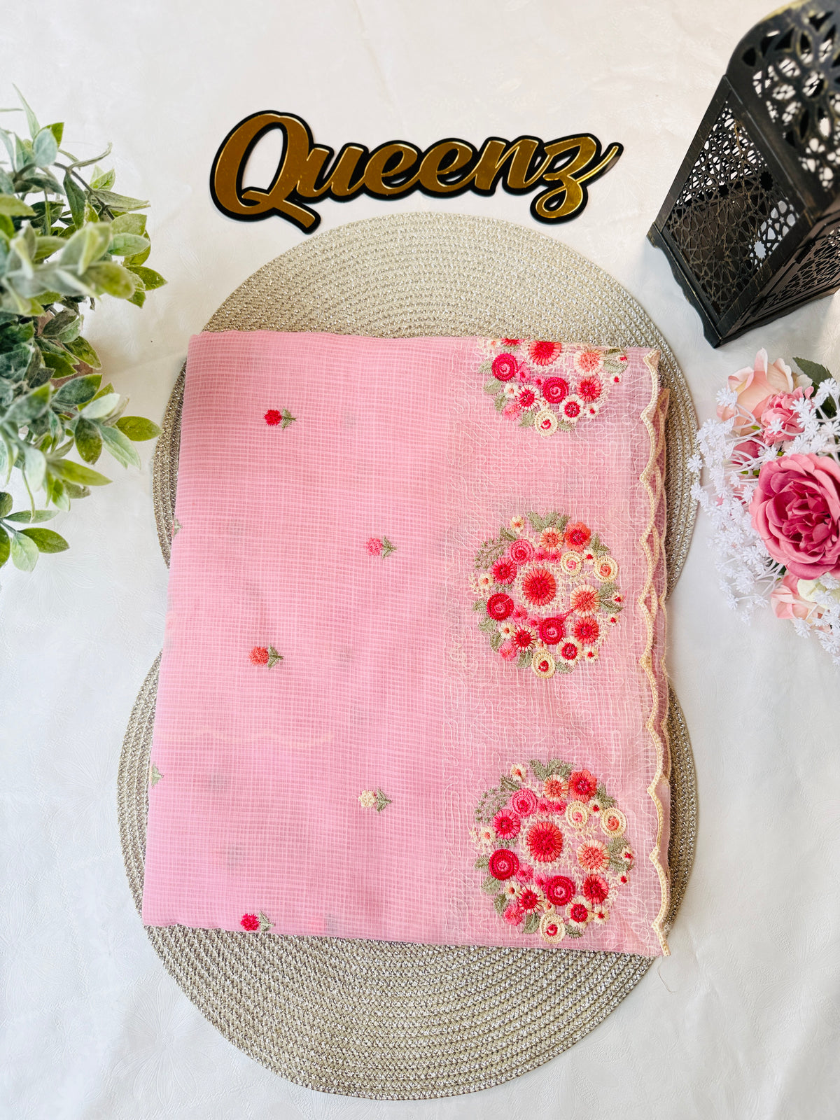 Pink Premium Soft Kota Check Saree