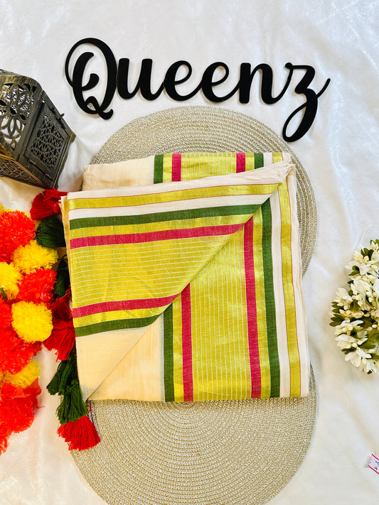 QMC006-  Green and Red line  Border Mul Cotton Saree