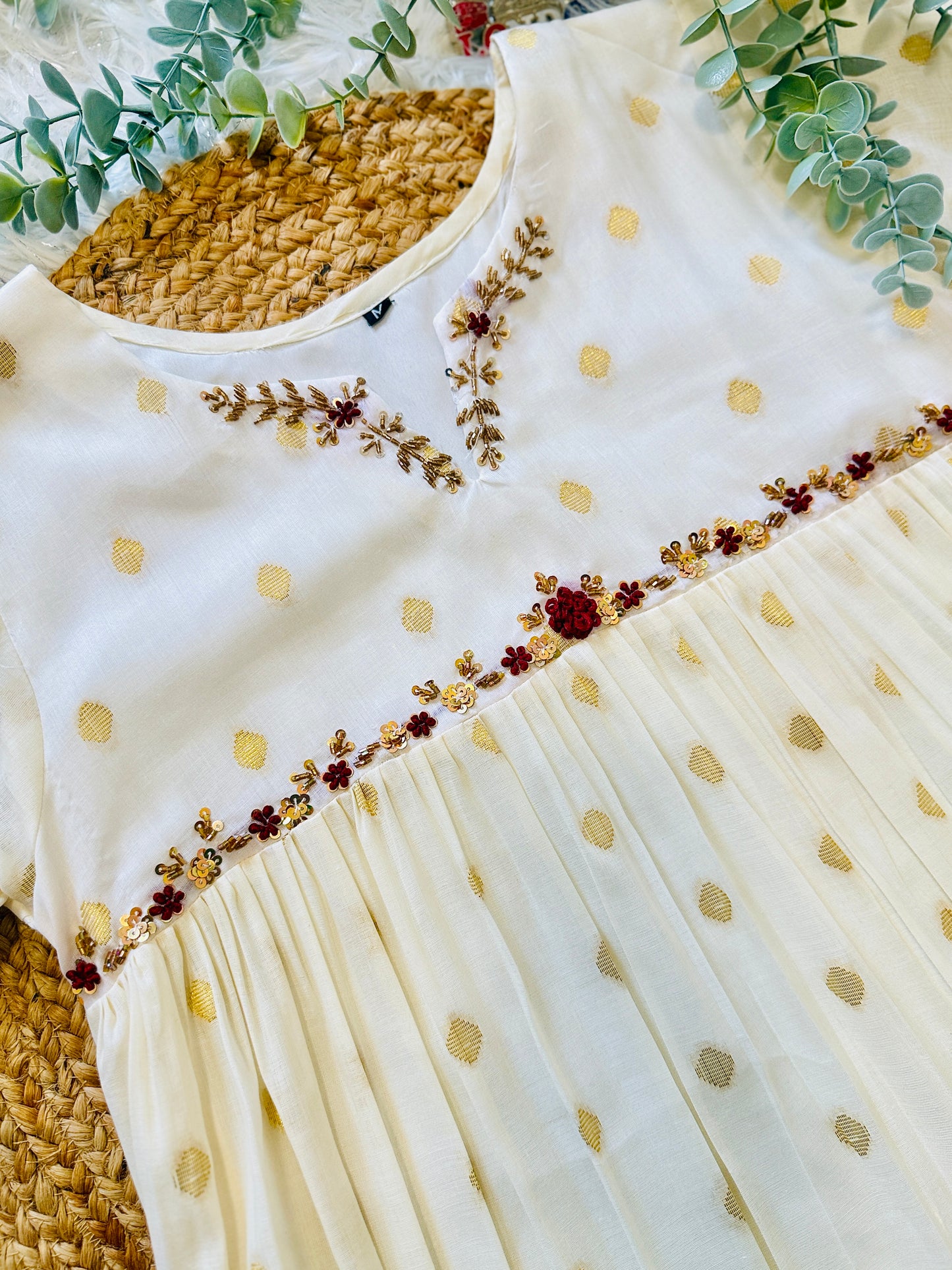 QS802- Golden Weaved Pleated Cotton Kurta
