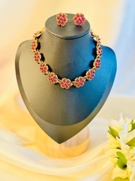 QJ120- Flower Choker Pink Necklace