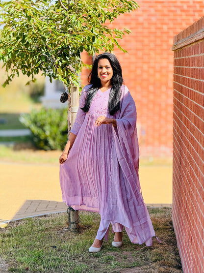 Premium Mul Chanderi Lavender Anarkali Set