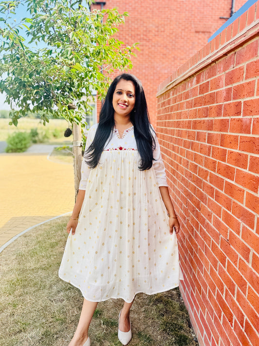 QS802- Golden Weaved Pleated Cotton Kurta
