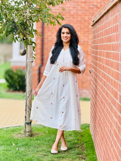 Off White Mul Chiffon Pleated Frock Kurta