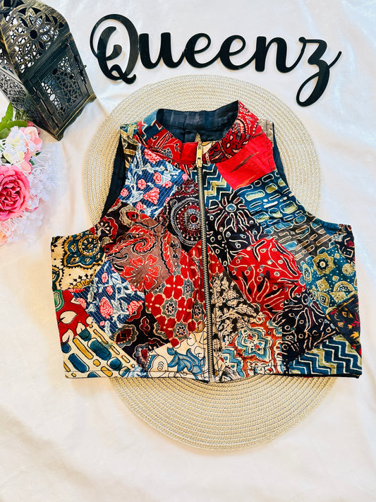 QB094- Ajrak Patch Halter Neck Sleeveless Blouse