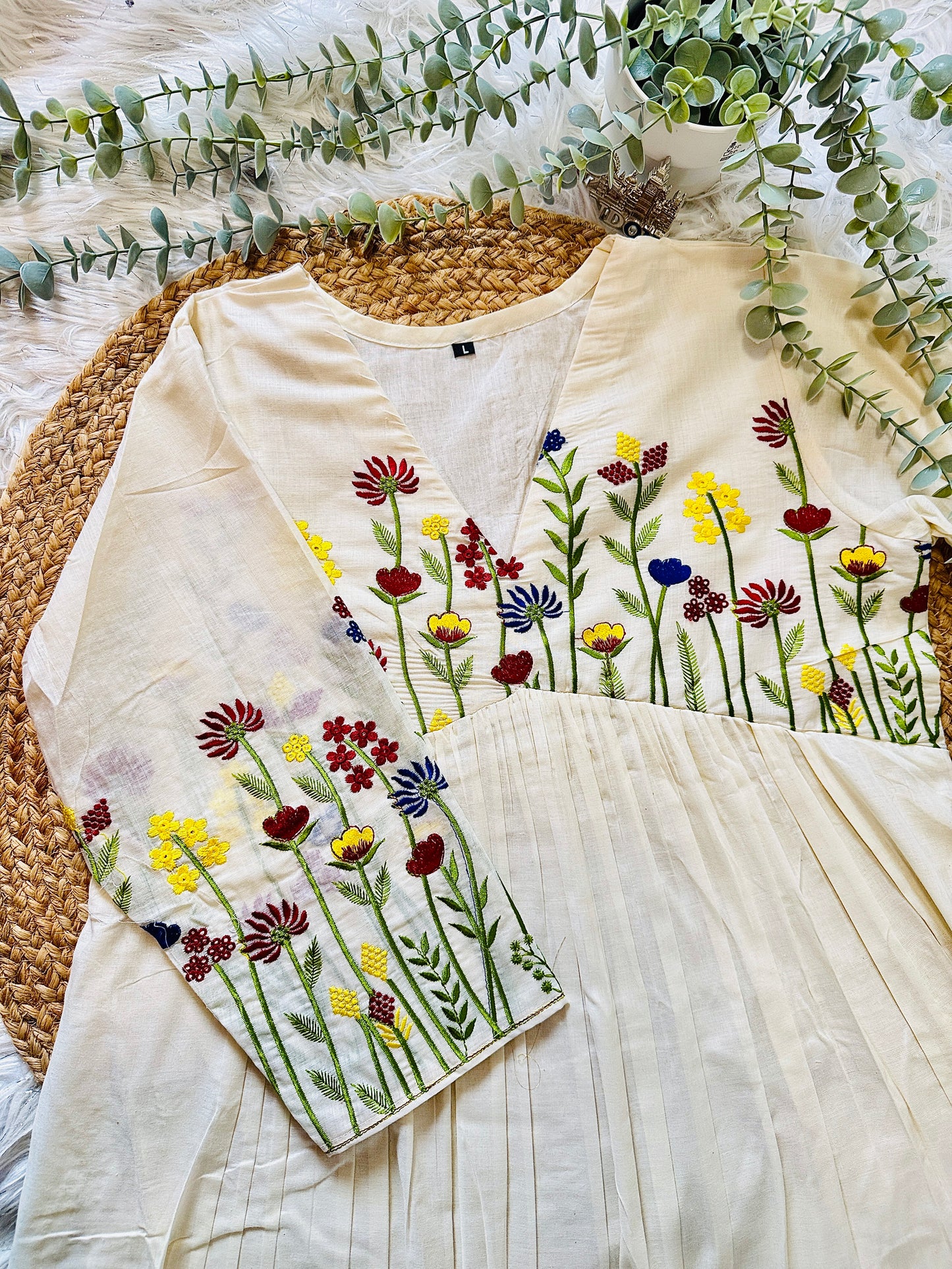 QS734- Multicolor Floral Embroidery Cotton Kurta