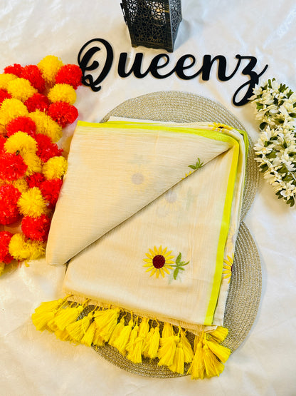QMC366-Sunflower Embroidery Mul Cotton Saree