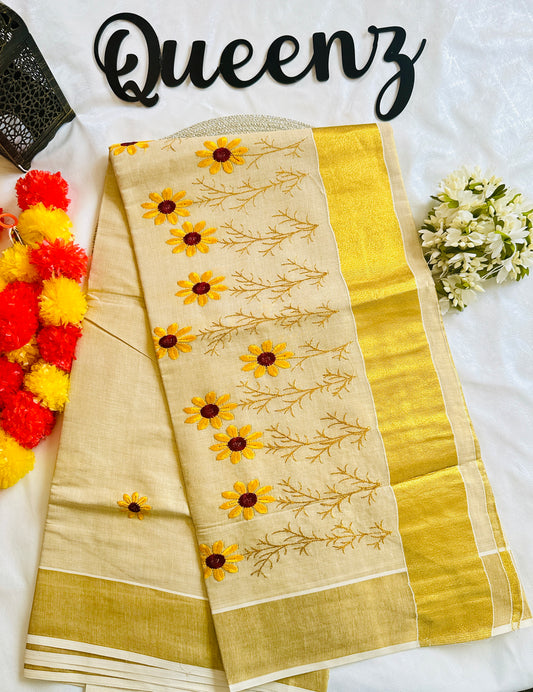 SS342- Sun flower Embroidery Tissue Saree