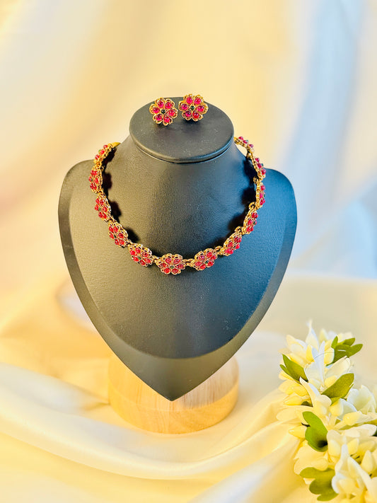 QJ119- Flower Choker Green & Pink Necklace