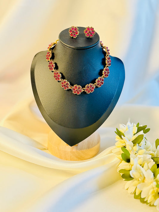 QJ120- Flower Choker Pink Necklace
