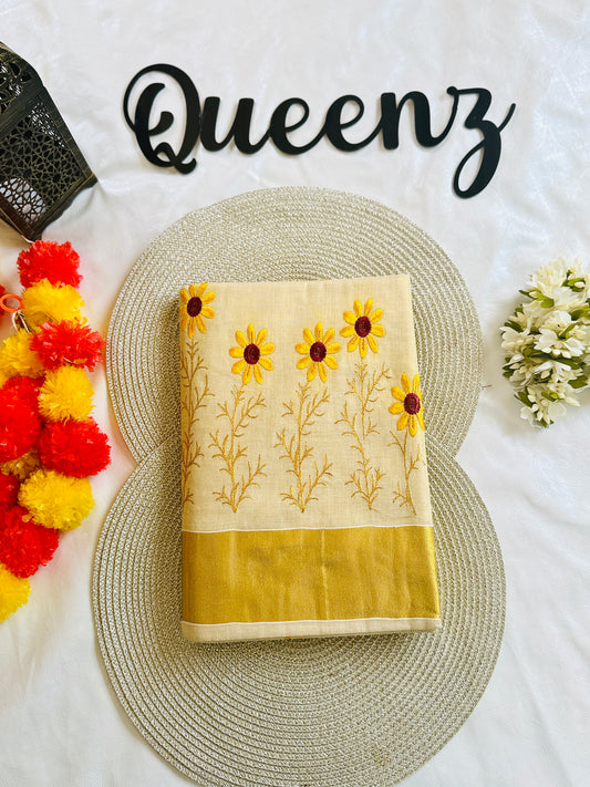 SS342- Sun flower Embroidery Tissue Saree