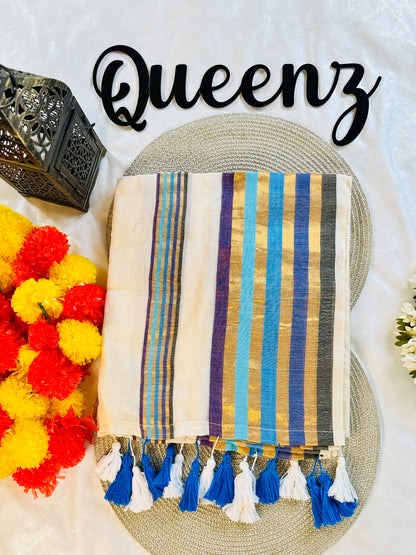 QMC007-  Multicolor Blue Border Mul Cotton Saree