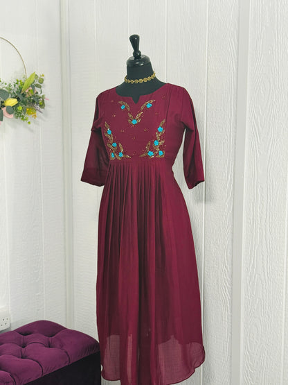 Vichithra Silk Pleated Wine Kurta