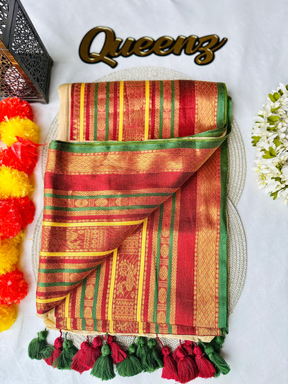 QMC026 Wide Kanchi Border Sandal Mul Cotton Saree