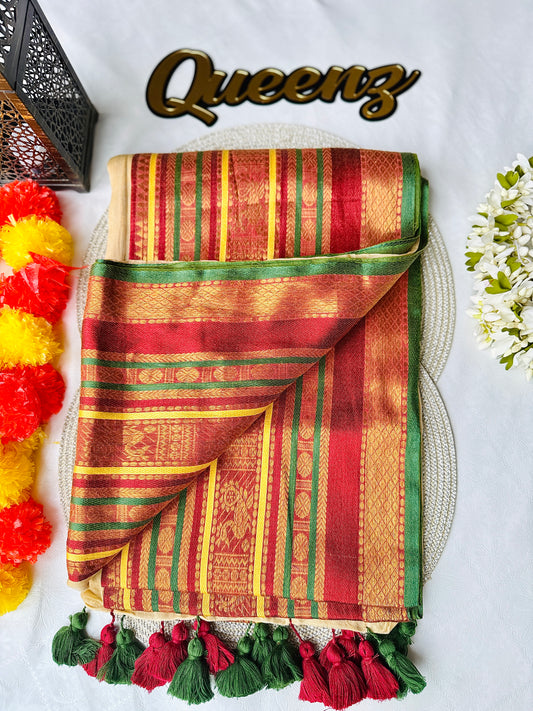 QMC026 Wide Kanchi Border Sandal Mul Cotton Saree