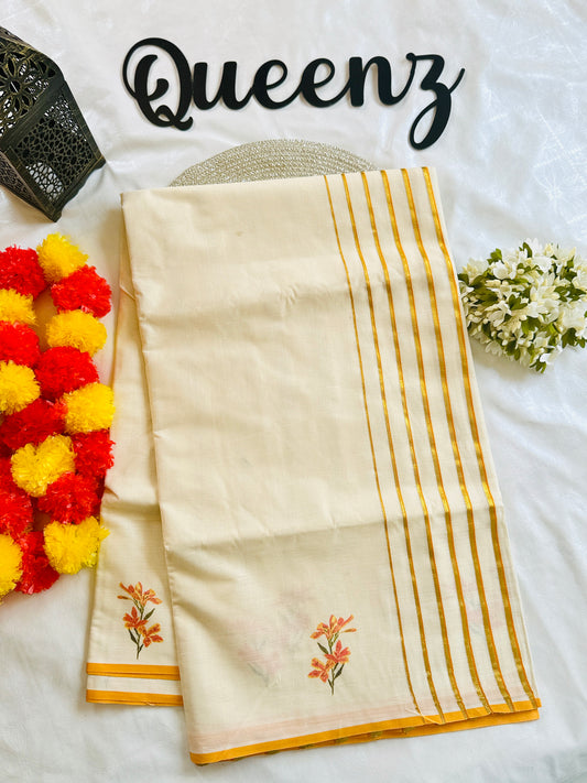 SS335-Line Kasavu With Floral Digital Print