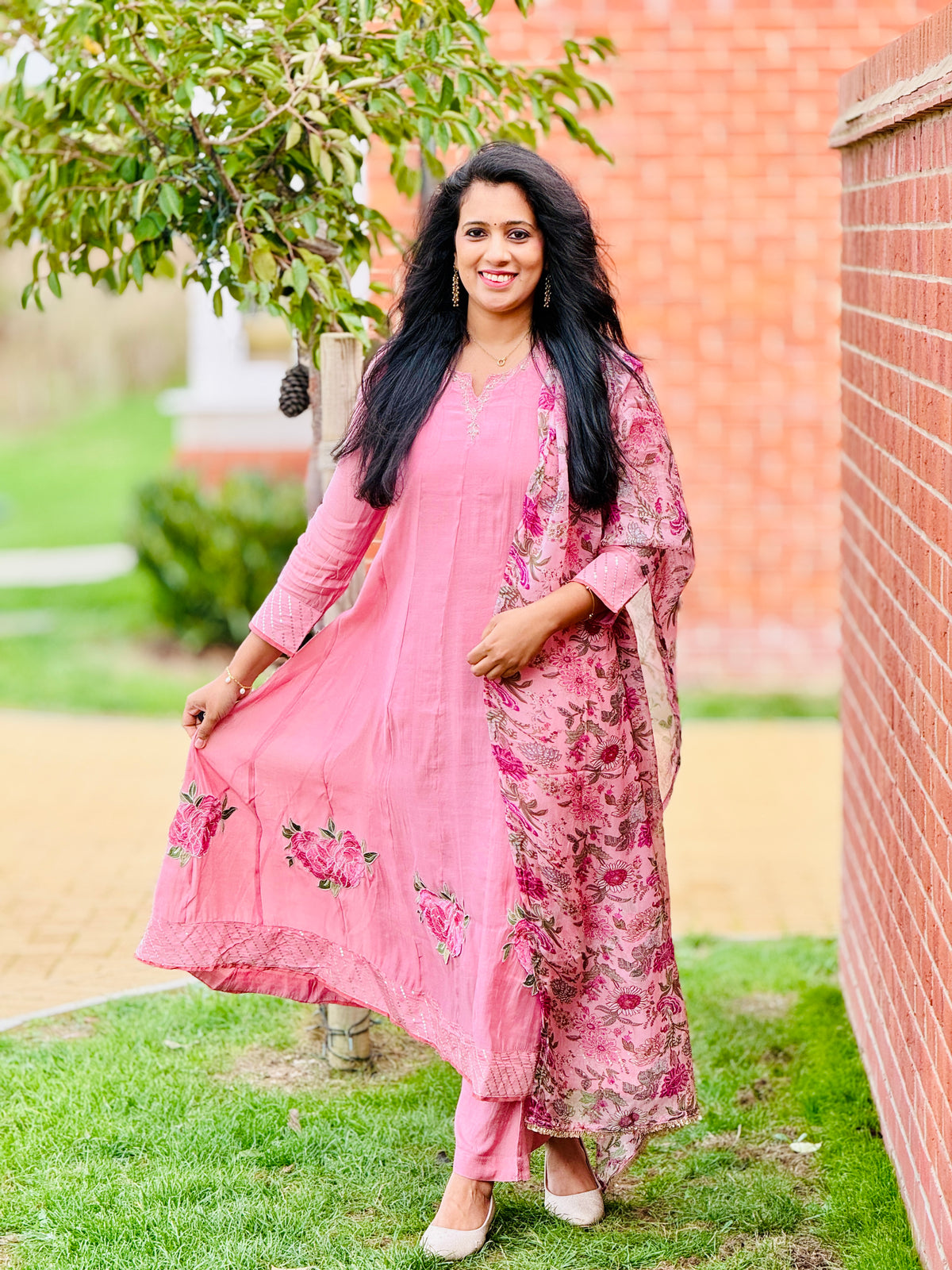 Premium Pink Mulchanderi Panel Cut Anarkali