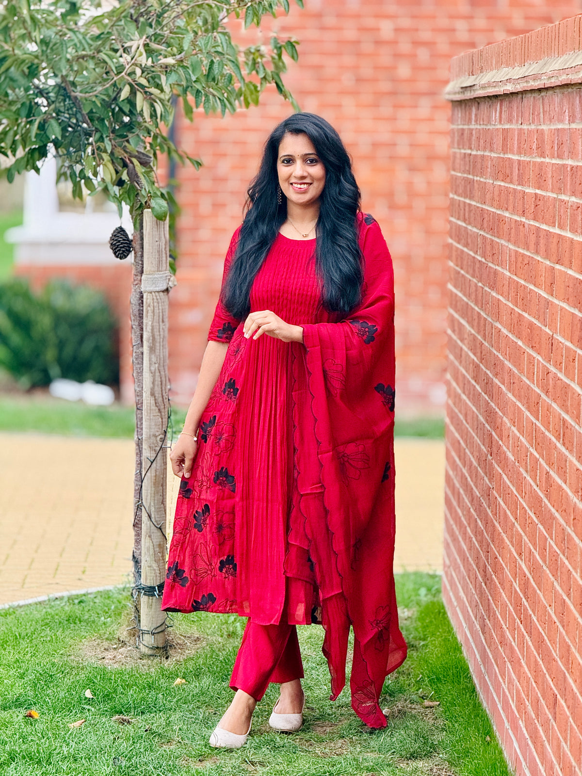 Dark Red Mulchanderi Anarkali