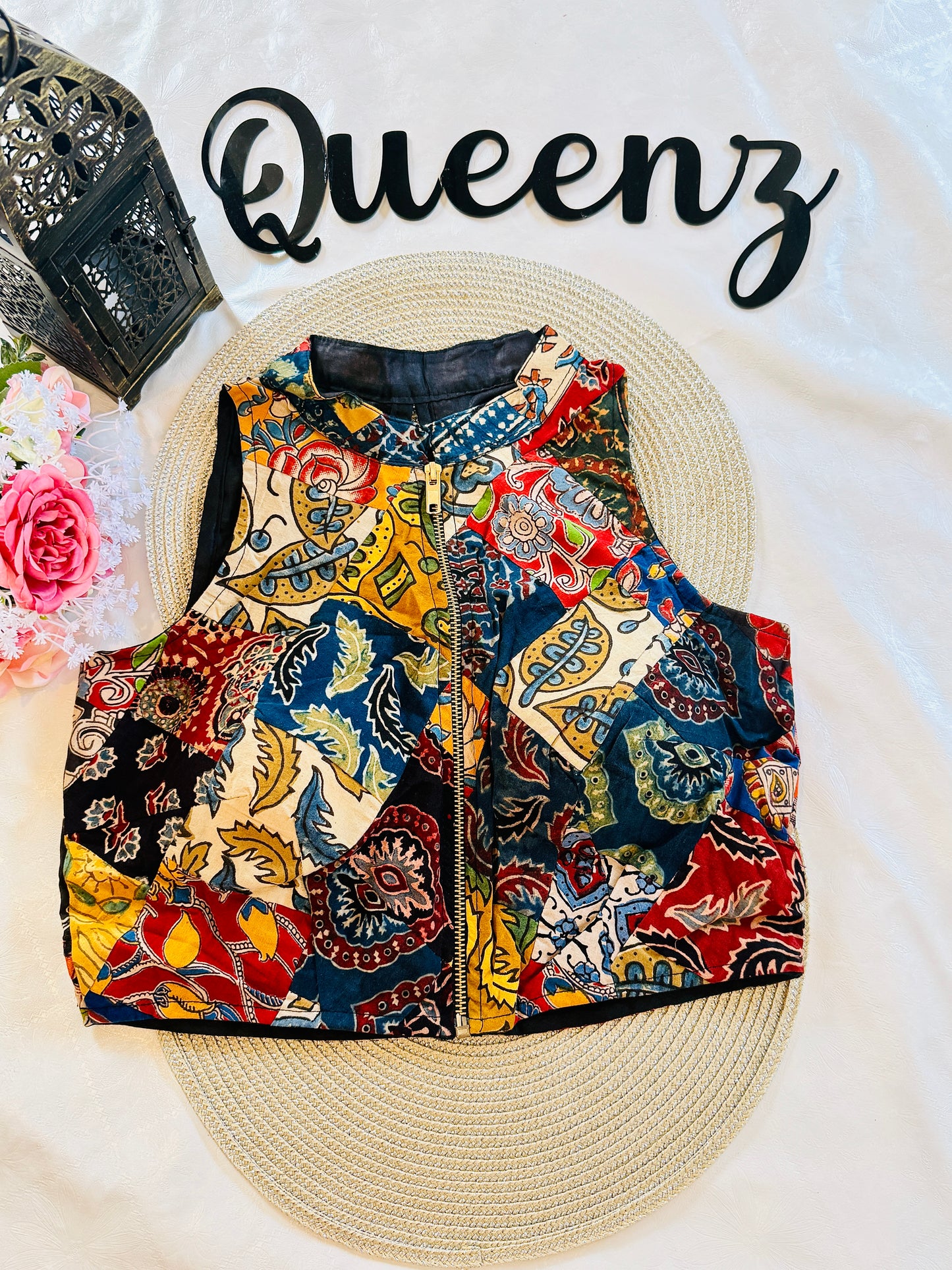 QB096 - Ajrak Patch Halter Neck Sleeveless Blouse