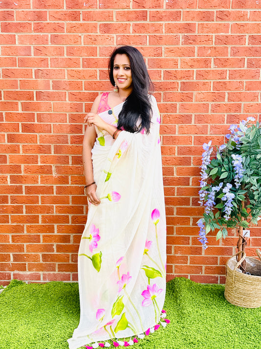 QMC021-Lotus Hand Painted Saree