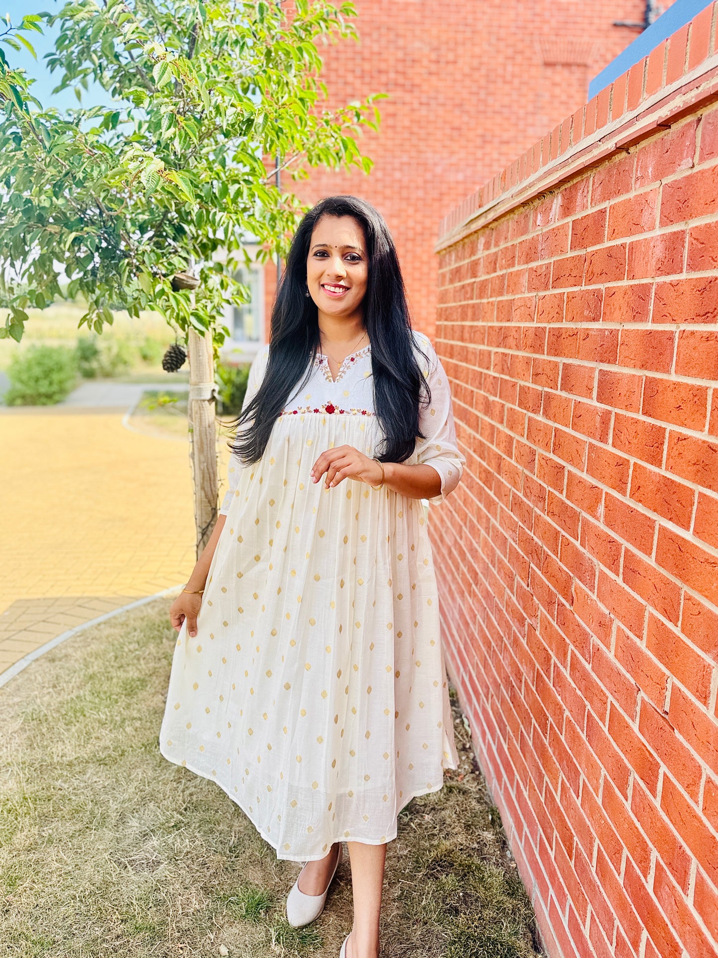 QS802- Golden Weaved Pleated Cotton Kurta