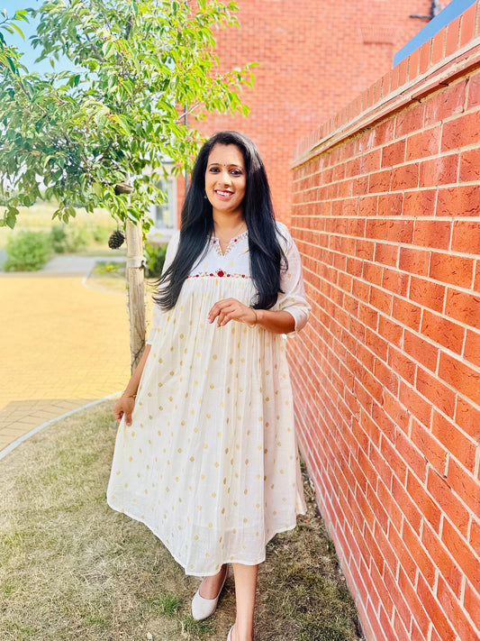 QS802- Golden Weaved Pleated Cotton Kurta