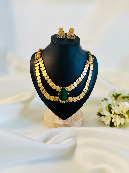 QJ174-Emerald Double layer Coin Necklace