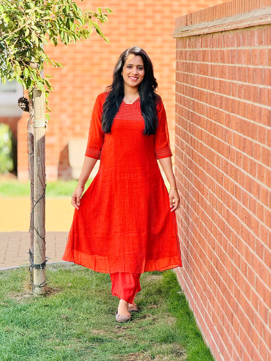 Orange Mul Chanderi A-line Co-ord Set