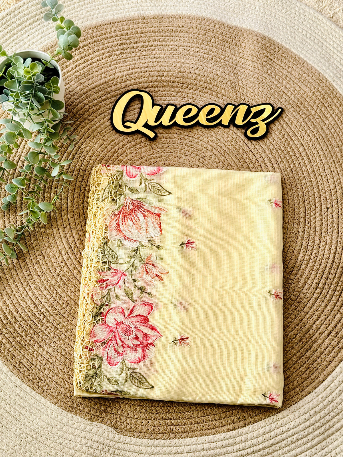 Premium  Yellow Kota Cut work Embroidery Saree