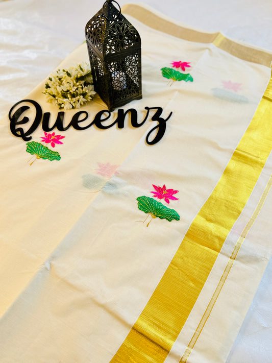 SS349- Lotus Embroidery Kerala  Kasavu Saree