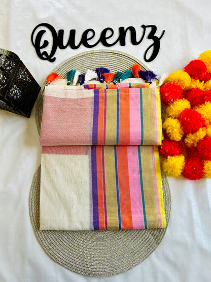 QMM003 Multi Color Border  Mul Chanderi Saree