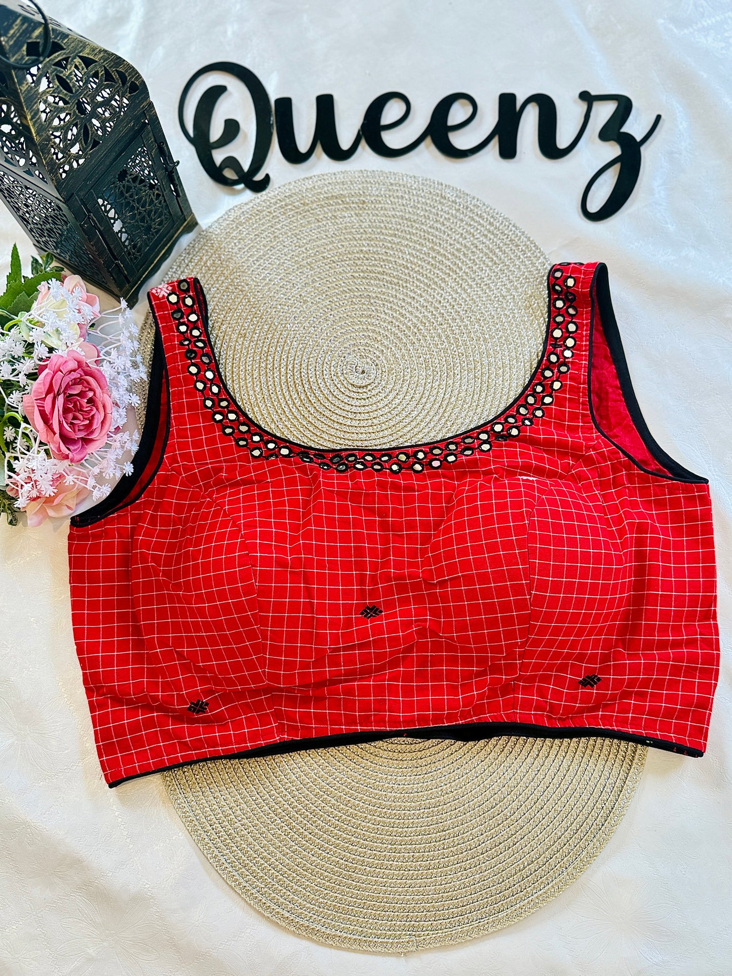 QB097- Mirror Worked Jamdhani Sleeveless Blouse